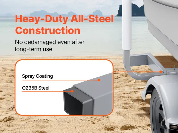 heavy-duty VEVOR marine trailer guide set on beach, showing q235b steel construction and spray coating.