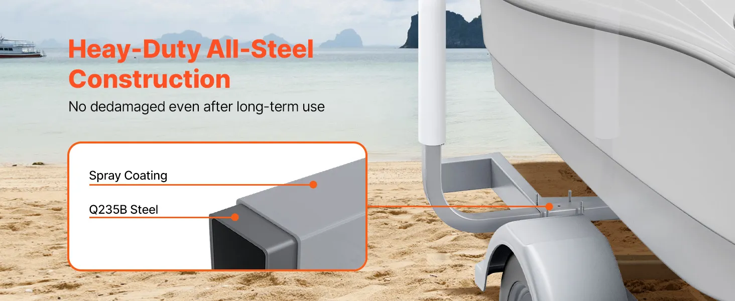 heavy-duty VEVOR marine trailer guide set on beach, showing q235b steel construction and spray coating.