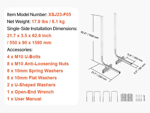 VEVOR marine trailer guide specifications, model xsj23-f05, net weight 21 lbs, dimensions 21.7x3.3x62.6 inches.