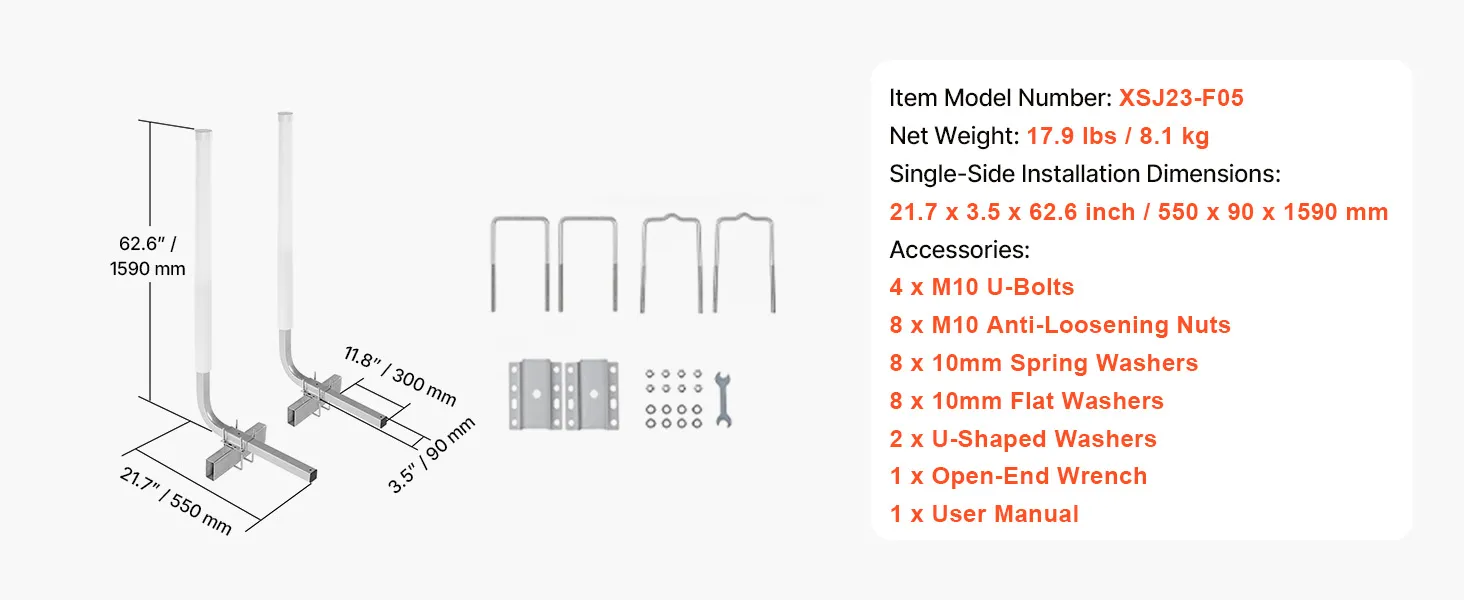 VEVOR marine trailer guide specifications, model xsj23-f05, net weight 21 lbs, dimensions 21.7x3.3x62.6 inches.