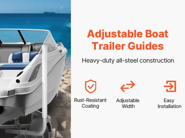 VEVOR marine trailer guide with adjustable width, heavy-duty steel, and easy installation by the shore.