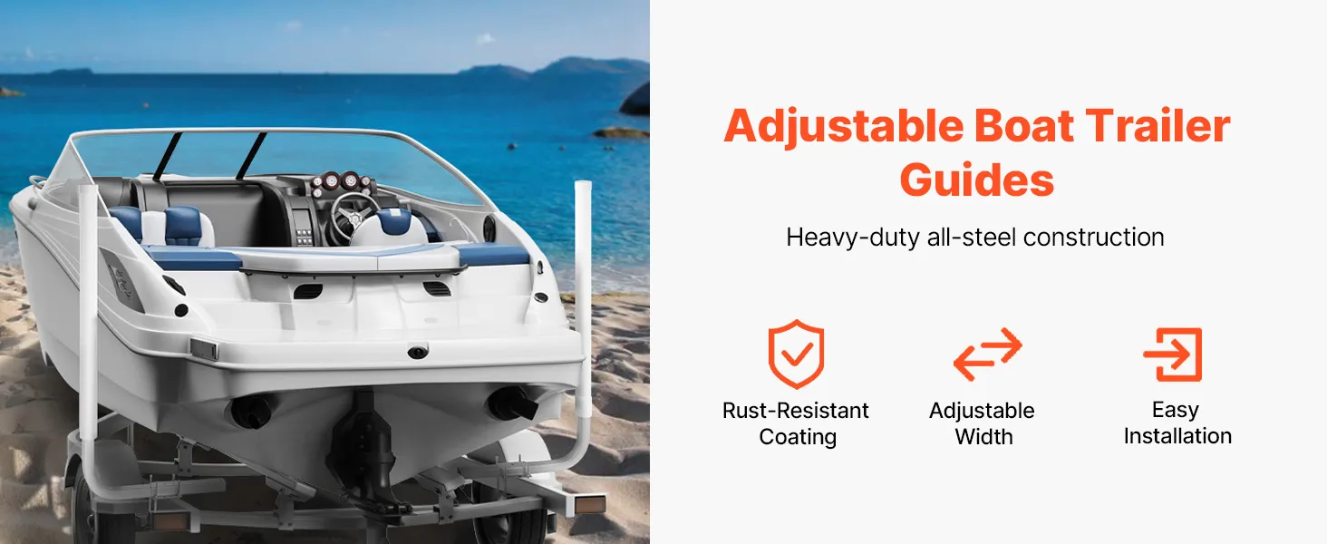 VEVOR marine trailer guide with adjustable width, heavy-duty steel, and easy installation by the shore.