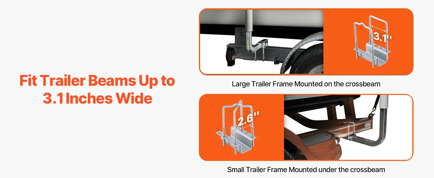 flexible installation with u-bolts for VEVOR marine trailer guide, fits beams up to 3.1 inches wide.