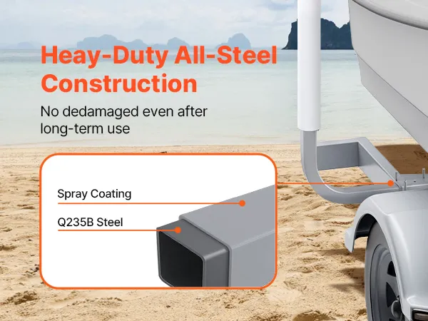 VEVOR marine trailer guide, heavy-duty steel construction with spray coating, beach background.