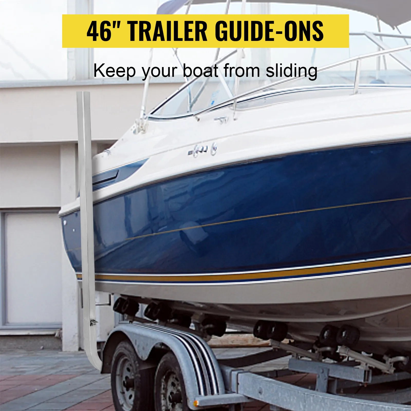 boat on trailer with 46" trailer guide-ons, VEVOR boat trailer guide-ons preventing sliding.