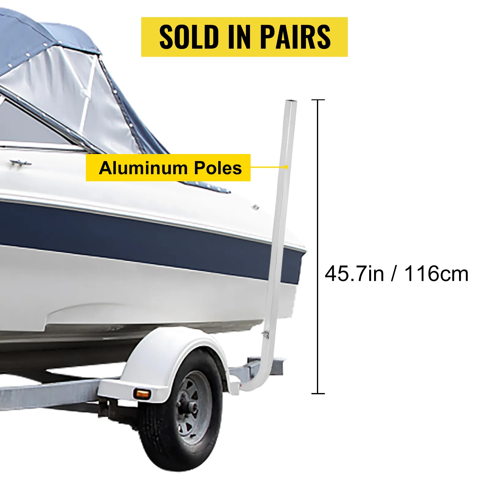 VEVOR boat trailer guide-ons with 45.7in aluminum poles, sold in pairs, attached to boat trailer.