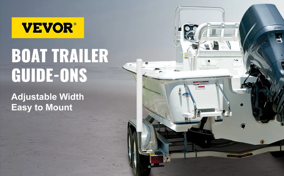 VEVOR boat trailer guide-ons, adjustable width, easy to mount, shown installed with a motorboat.