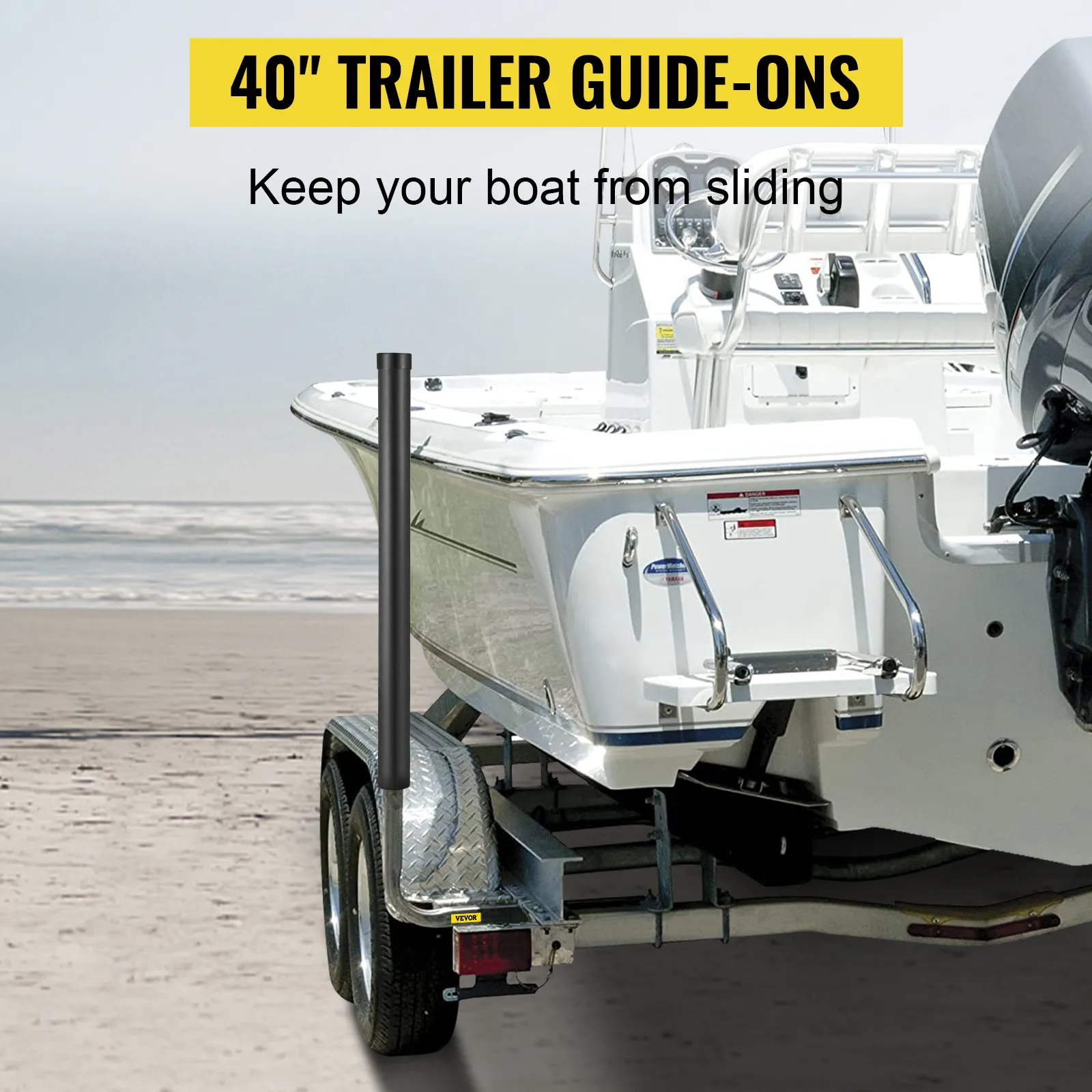 VEVOR boat trailer guide-ons secure a white boat on a trailer by the beach.