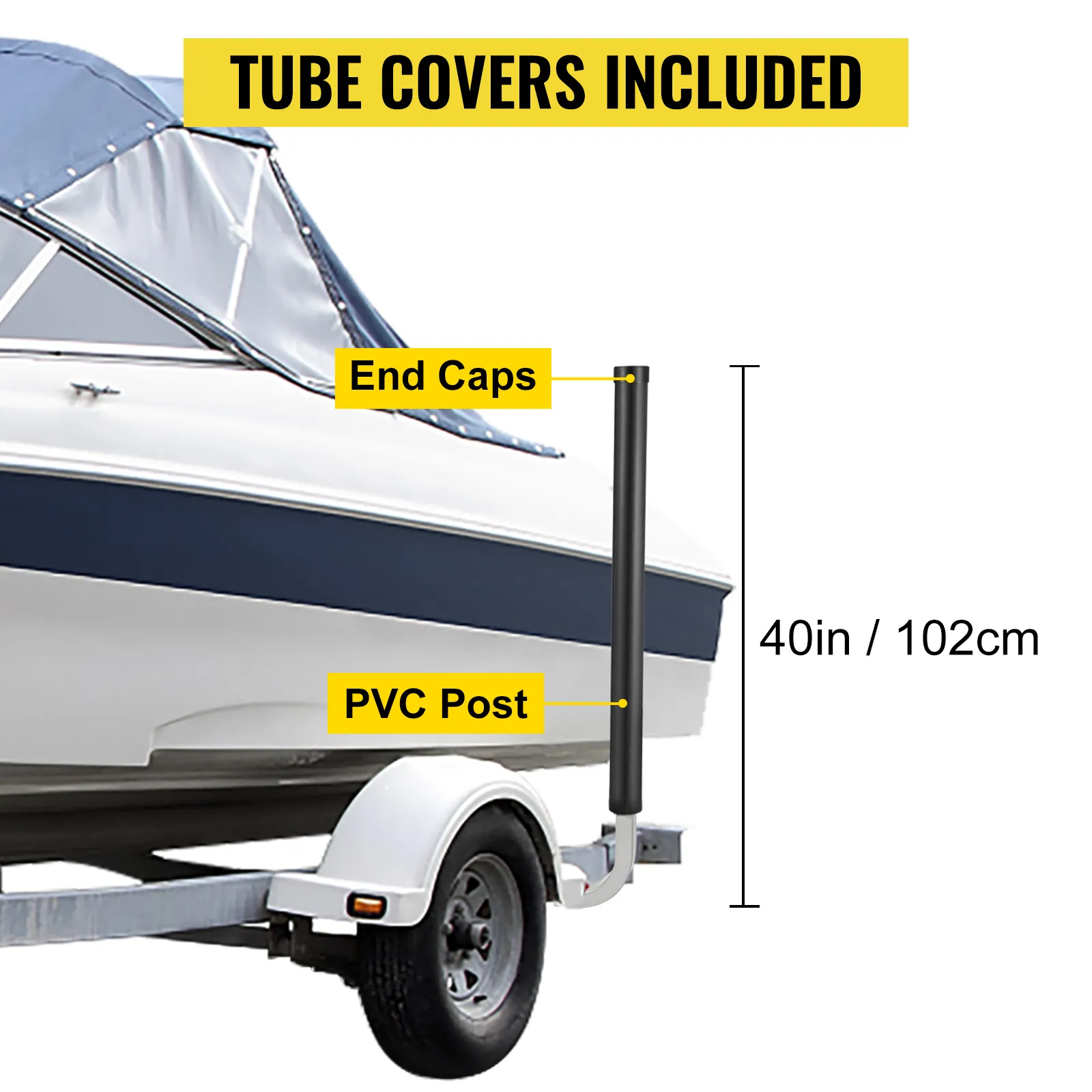 VEVOR boat trailer guide-ons with 40-inch pvc posts, tube covers, end caps included.