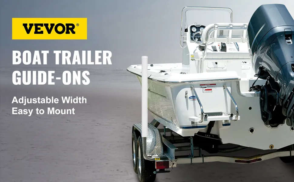 VEVOR boat trailer guide-ons, adjustable width and easy to mount, with a boat on a trailer at the beach.