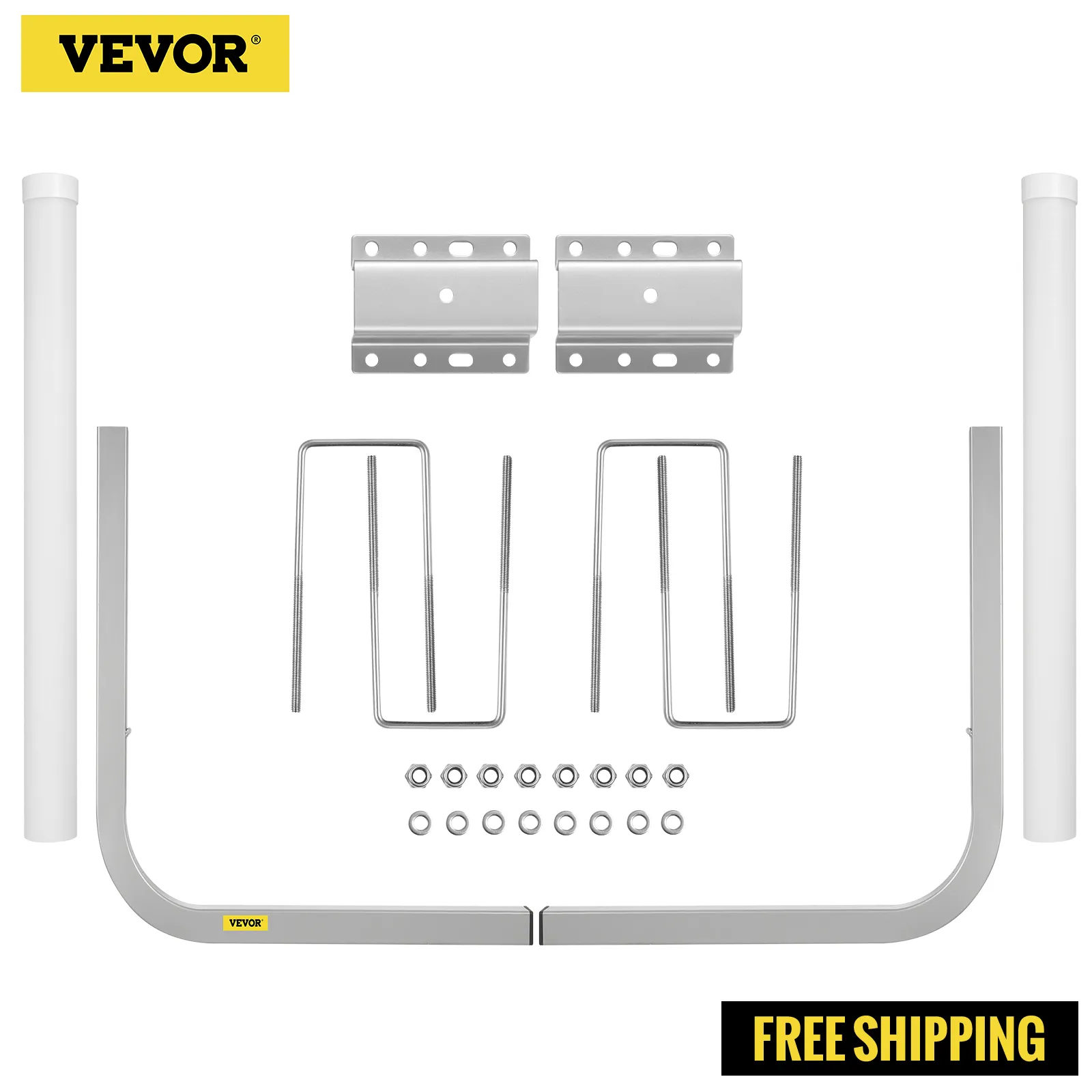 VEVOR boat trailer guide-ons components with brackets, u-bolts, and hardware for boat trailer assembly.