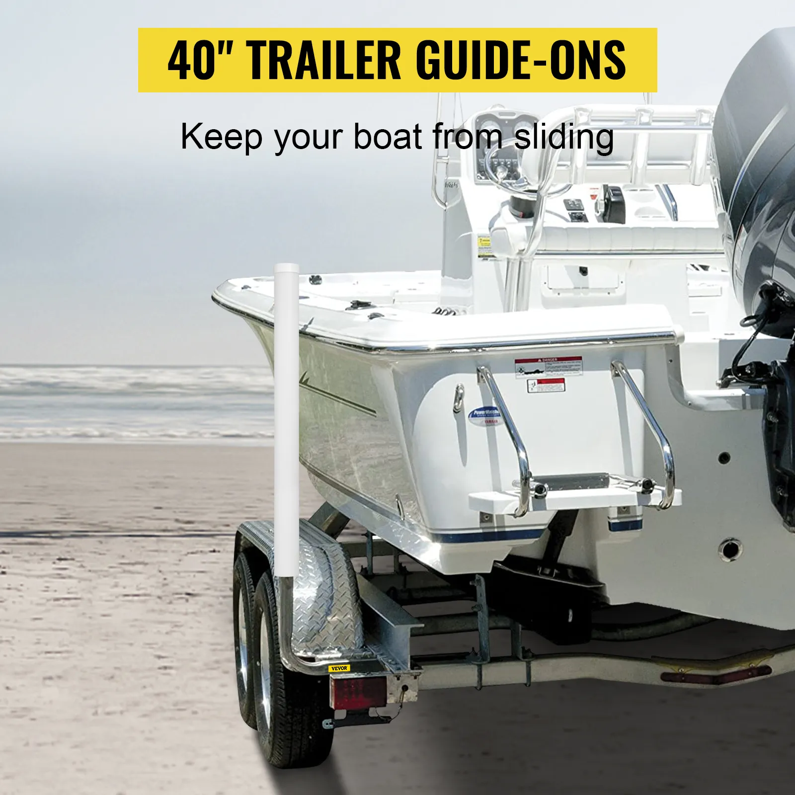 boat on trailer beachside with VEVOR boat trailer guide-ons for stability. keep your boat from sliding.