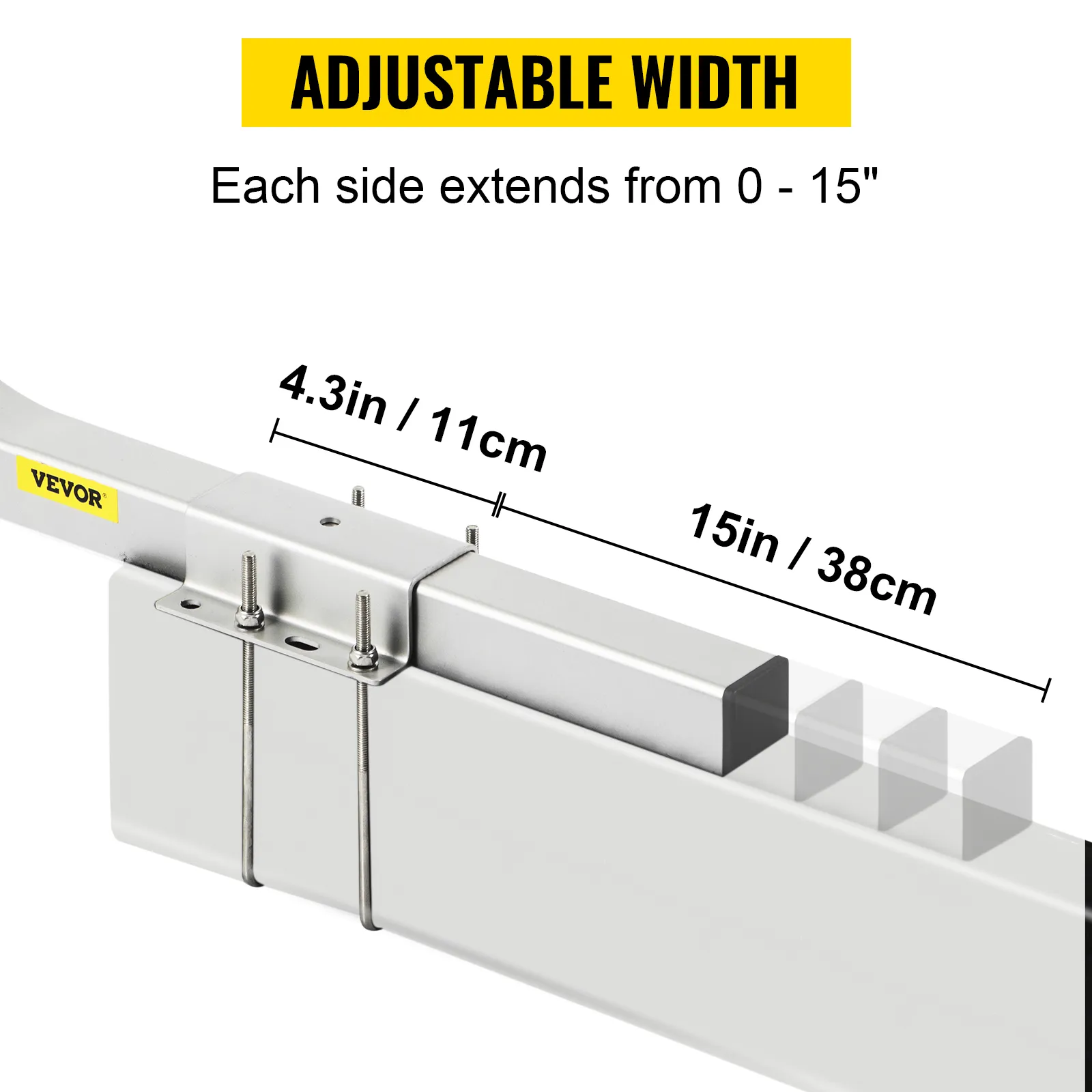 VEVOR boat trailer guide-ons, adjustable width extension from 0 to 15 inches, detailed measurement display.