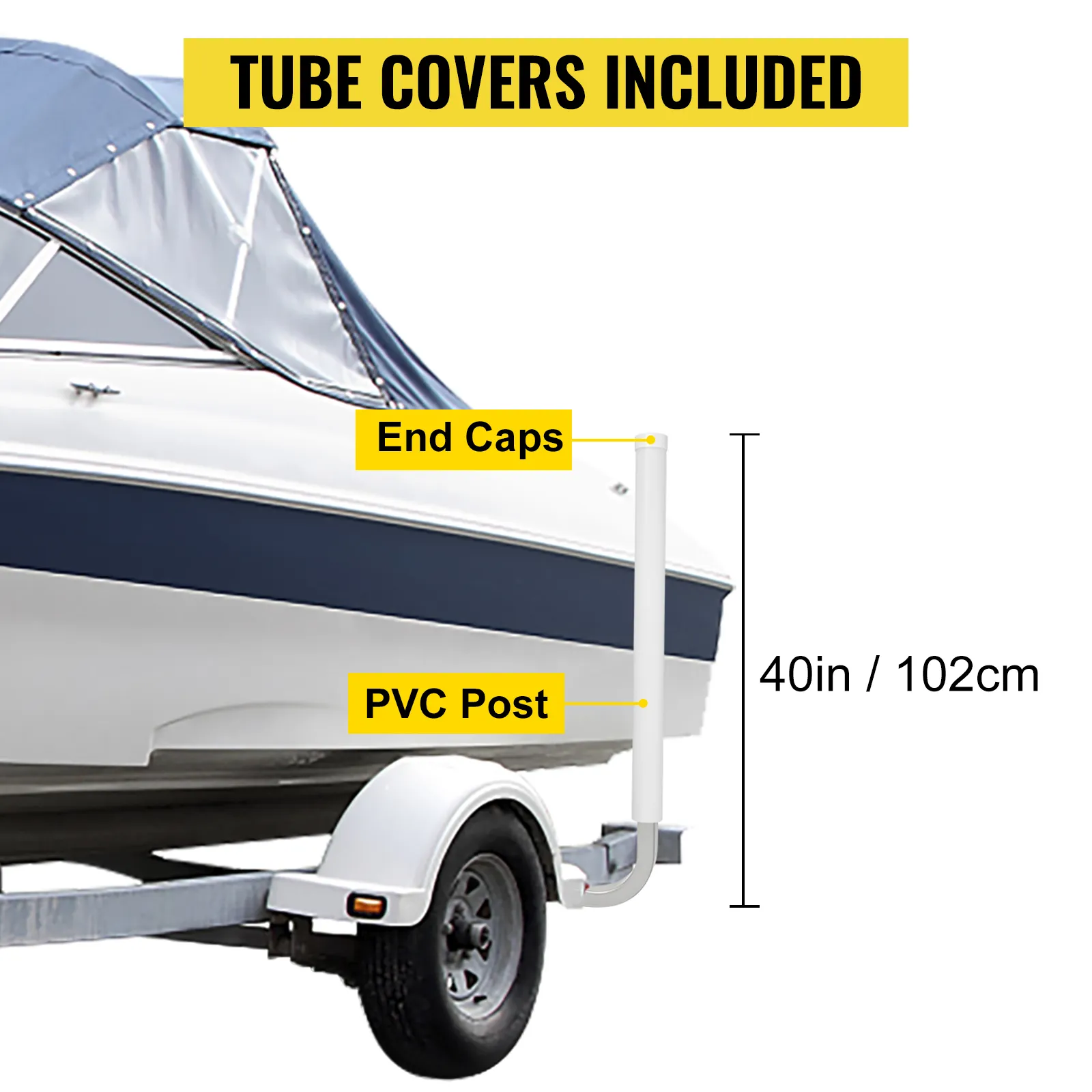 VEVOR boat trailer guide-ons with tube covers, end caps, and pvc posts, 40in height.