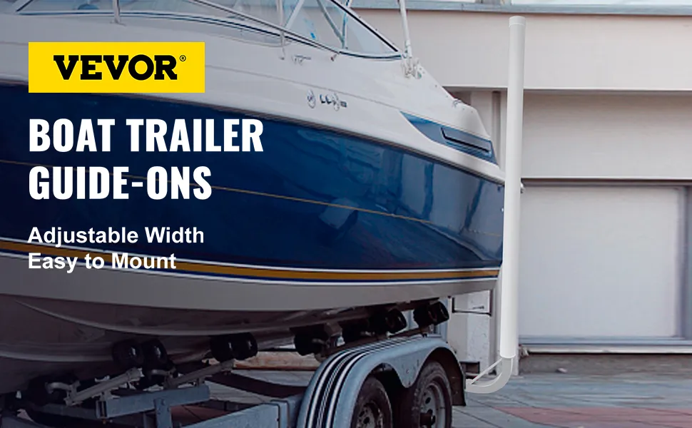 VEVOR boat trailer guide-on with adjustable width and easy-to-mount features, securing a white boat.