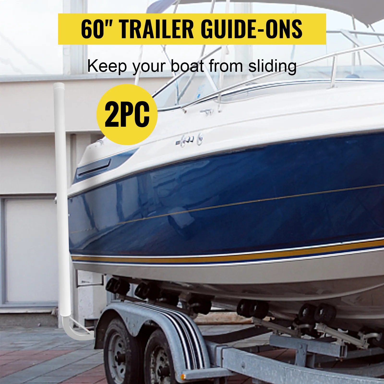 VEVOR boat trailer guide-on 60" set, stabilizing a white and blue boat on a dual-axle trailer.