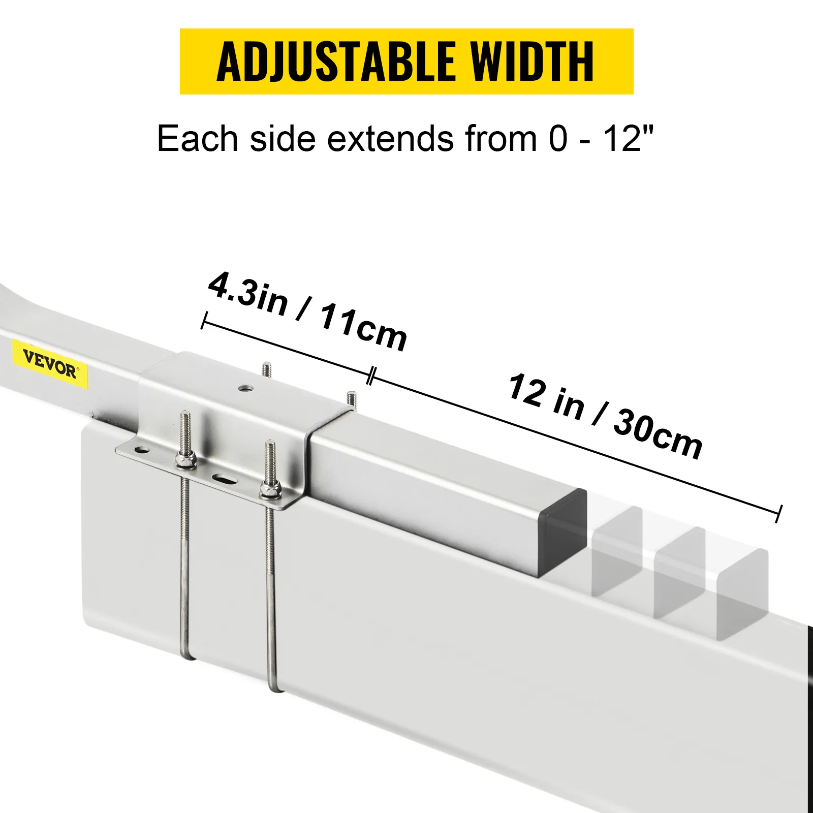 VEVOR boat trailer guide-on adjustable width; extends from 0 to 12 inches per side, sturdy metal.
