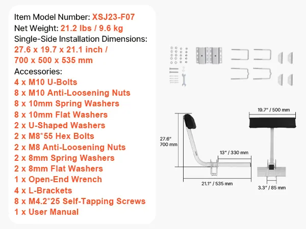 Specificaties van de VEVOR Marine Trailer Assistant zijn onder andere afmetingen, nettogewicht en modelnummer xsj23-f07.