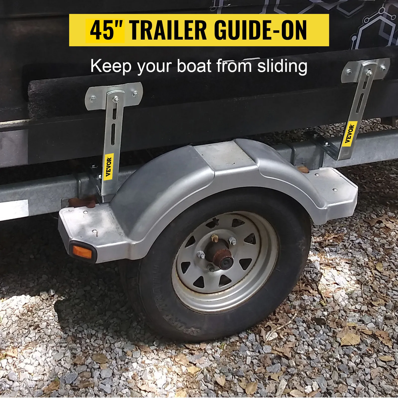 Guide per rimorchi per barche VEVOR su ruota, con marchio giallo e testo "45" trailer guide-on".
