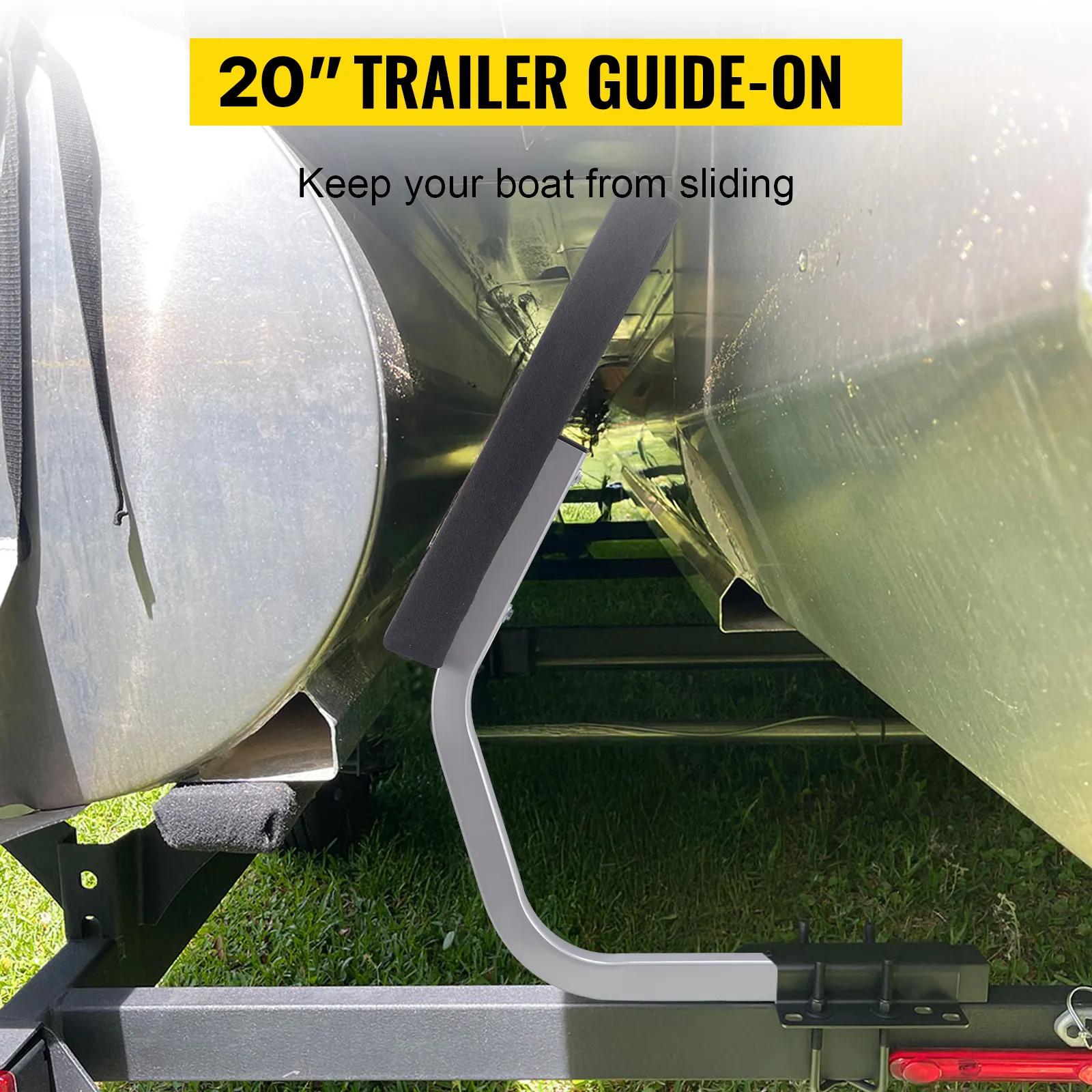 VEVOR boat trailer guide-on preventing boat from sliding off the trailer, with reflective metal surfaces.