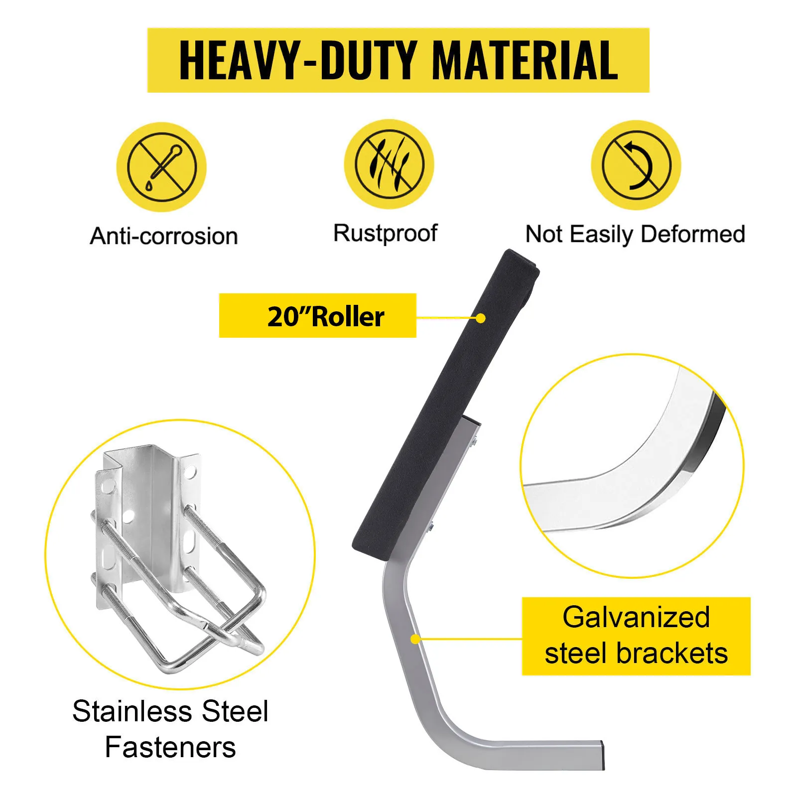 heavy-duty VEVOR boat trailer guide with 24" rubber roller, stainless steel fasteners, and galvanized brackets.
