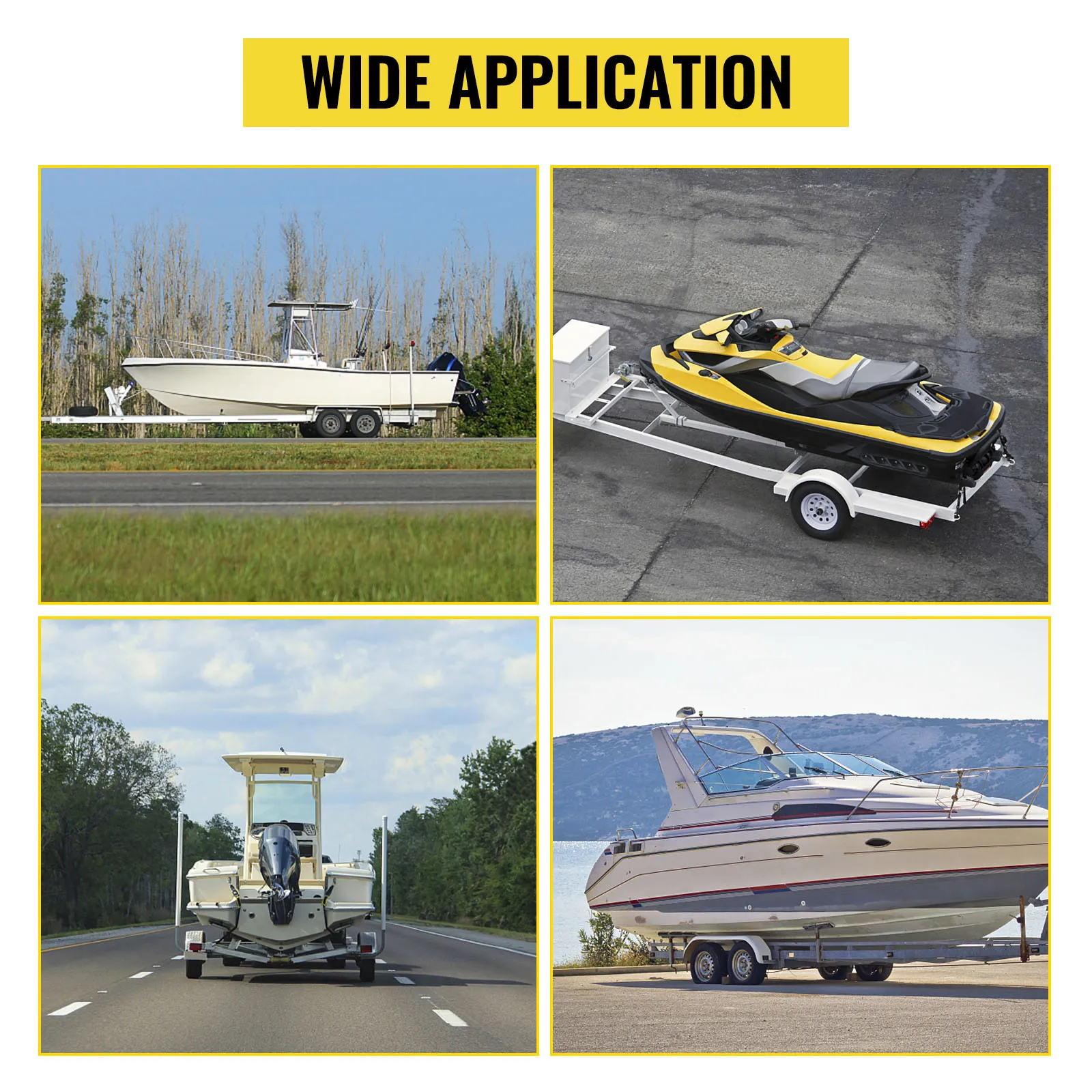 VEVOR boat trailer guide showcasing diverse boat types on trailers for wide application use.