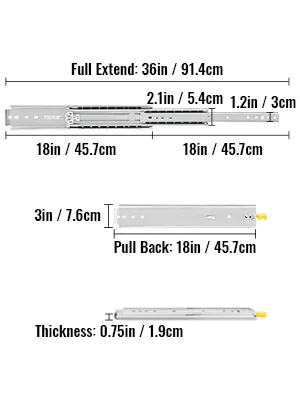 VEVOR heavy duty drawer slides, 36in extension, 18in pull back, 0.75in thick.