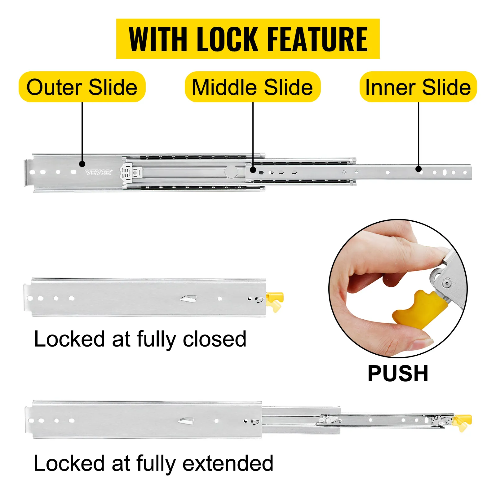 VEVOR heavy duty drawer slides with lock feature, closed and extended states shown.