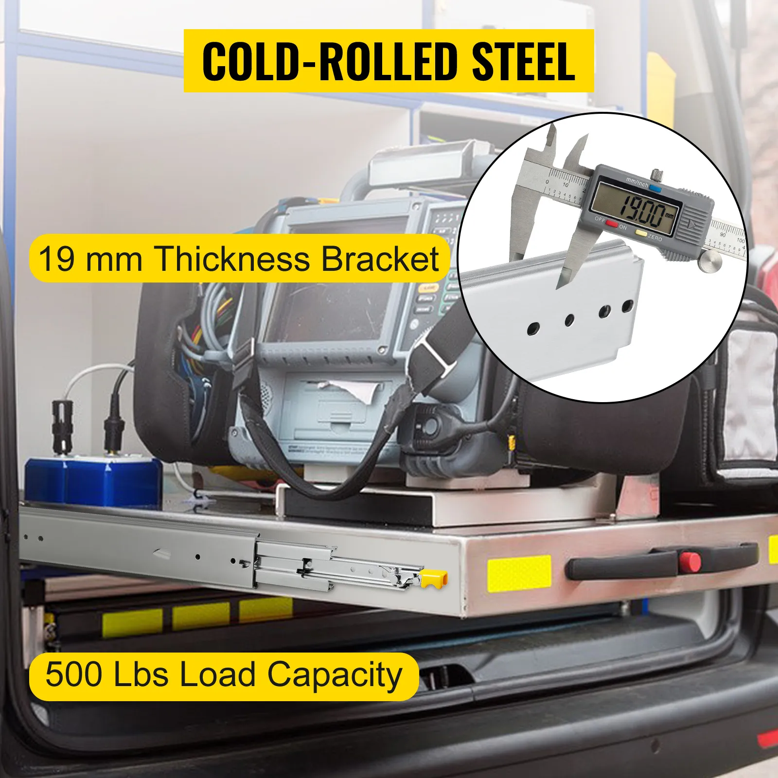 VEVOR heavy duty drawer slides holding equipment, 500 lbs capacity, 19 mm thickness bracket.