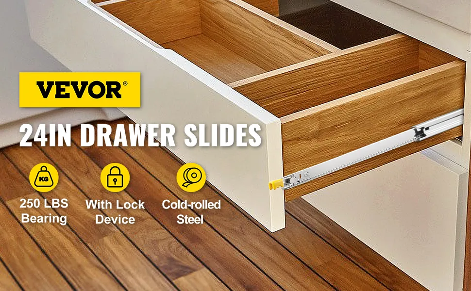 VEVOR heavy duty drawer slides, 24in, 250 lbs bearing, lock device, cold-rolled steel.