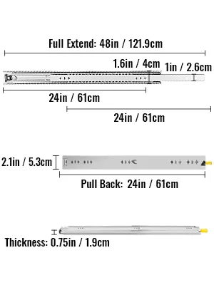 VEVOR heavy duty drawer slides, dimensions with 48in full extension and 24in pull back.