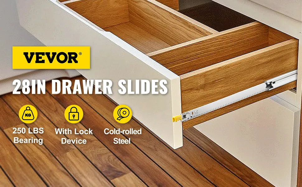 VEVOR heavy duty drawer slides, 28in length, 250 lbs bearing, lock device, cold-rolled steel.