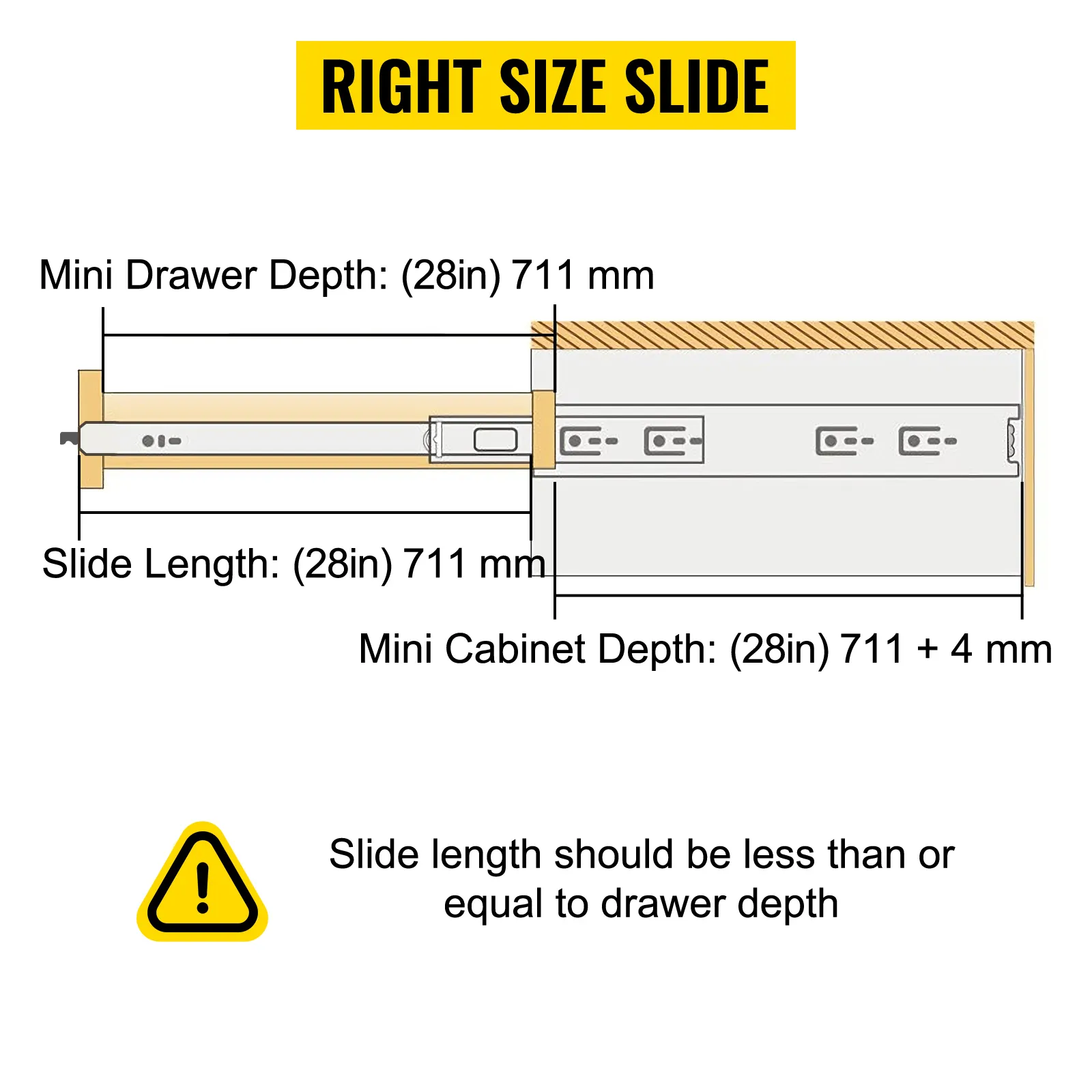VEVOR heavy duty drawer slides diagram showing dimensions and slide placement.