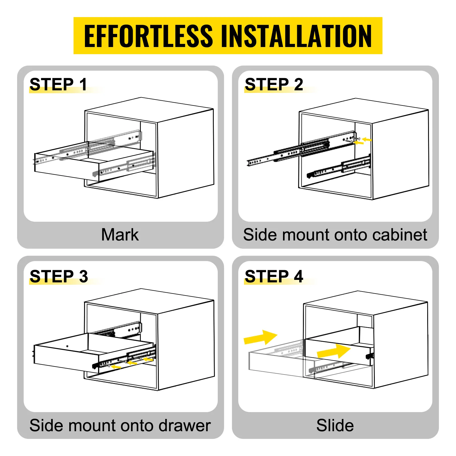 effortless installation steps for VEVOR heavy duty drawer slides in four stages.