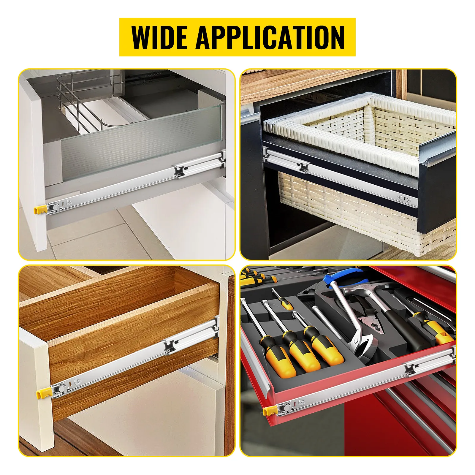 VEVOR heavy duty drawer slides used in various types of drawers.