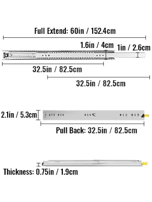 VEVOR heavy duty drawer slides, 60in max extend, 0.75in thick, 30in pull back.