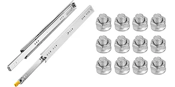VEVOR heavy duty drawer slides alongside ten silver nuts on a white background.