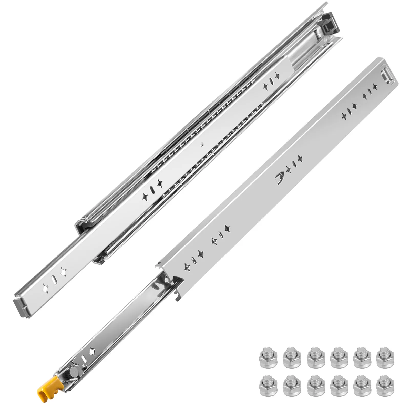 VEVOR heavy duty drawer slides with mounting screws, close-up view.