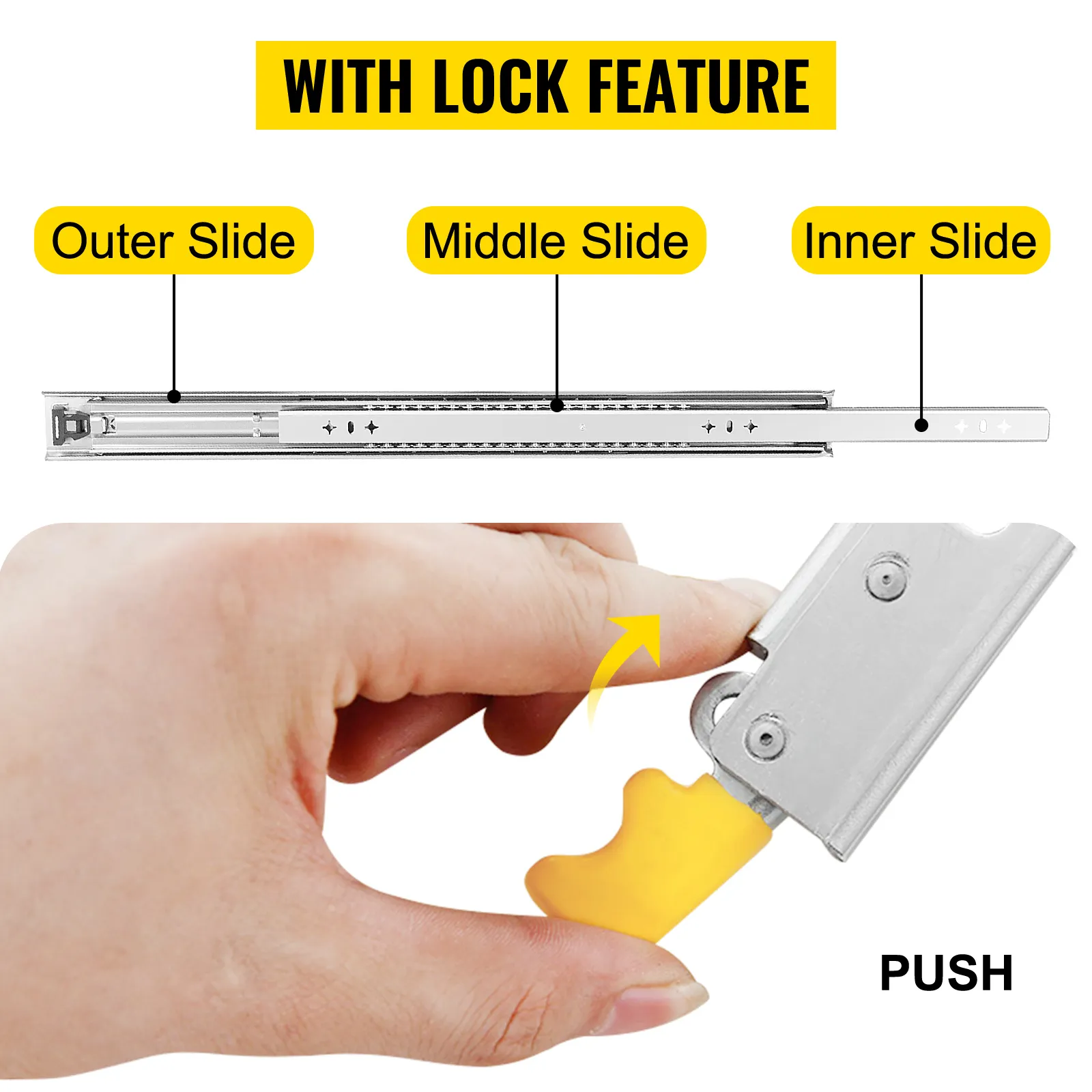 VEVOR heavy duty drawer slides with lock feature and labeled components.