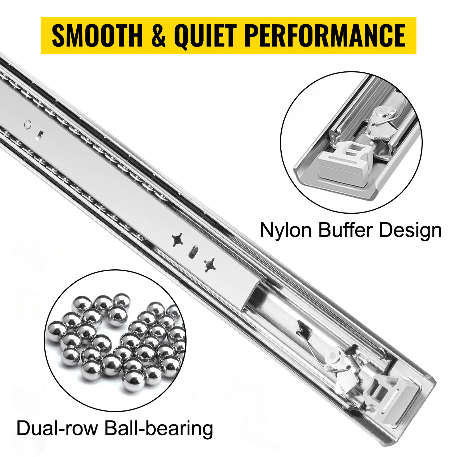 VEVOR heavy duty drawer slides with nylon buffer and dual-row ball-bearing design.