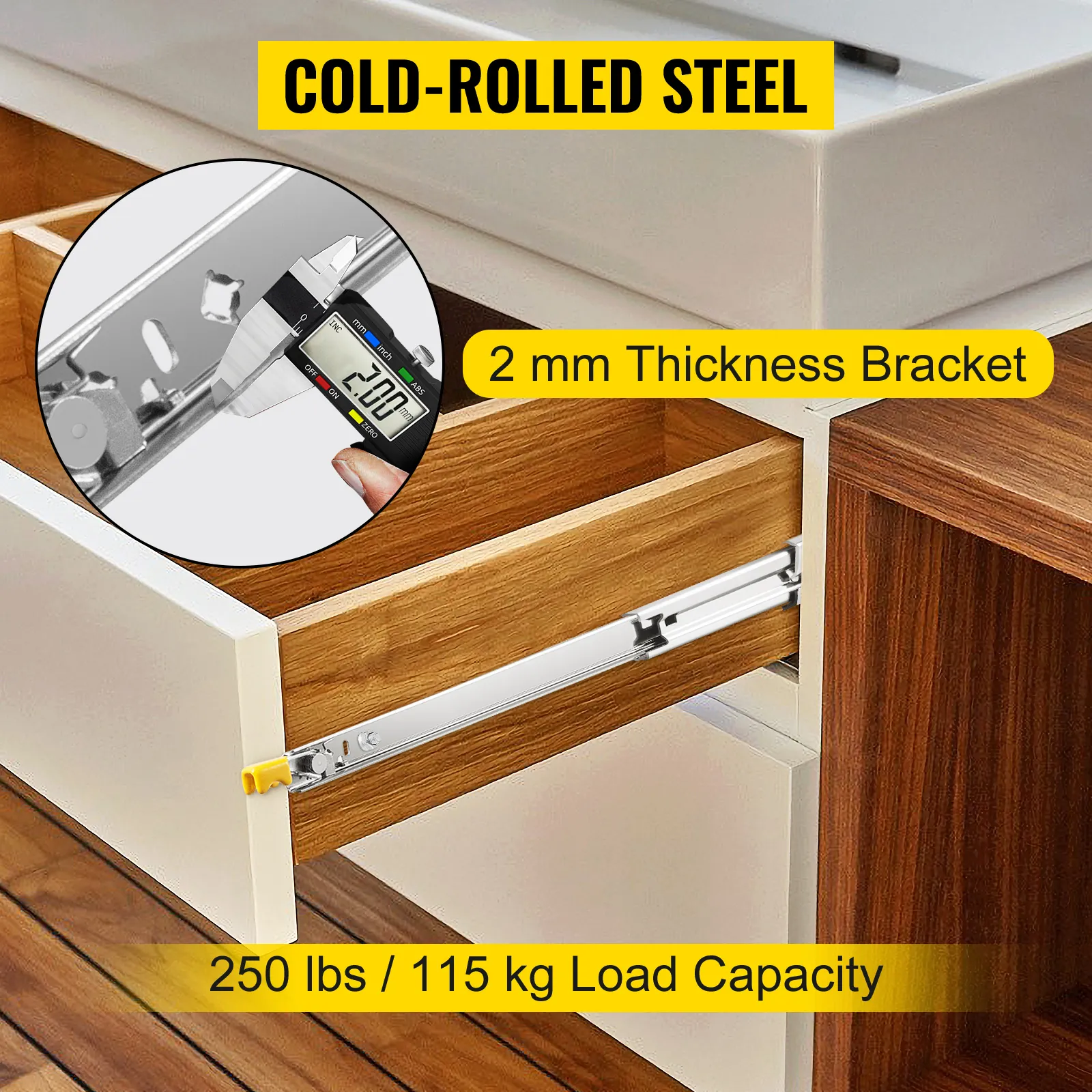 cold-rolled steel VEVOR heavy duty drawer slides with 2 mm bracket and 250 lbs load capacity.