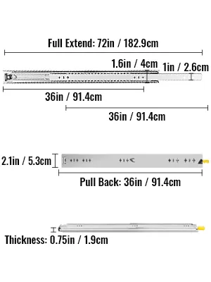 VEVOR heavy duty drawer slides with 72in full extension and 0.75in thickness.