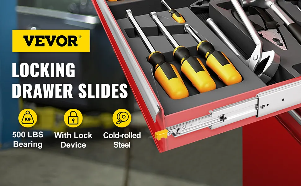 Correderas para cajones de alta resistencia VEVOR, mecanismo de bloqueo, herramientas en el cajón, rodamiento de 500 libras.