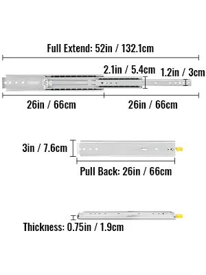 Correderas para cajones de alta resistencia VEVOR con dimensiones y medidas de extensión.