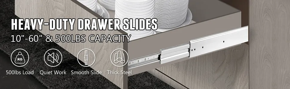 VEVOR heavy duty drawer slides, 10"-60" range, 500lb capacity, quiet and smooth slide.