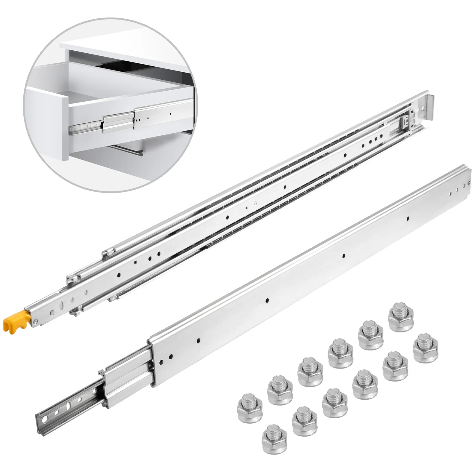 VEVOR heavy duty drawer slides with mounting hardware and opened drawer illustration.