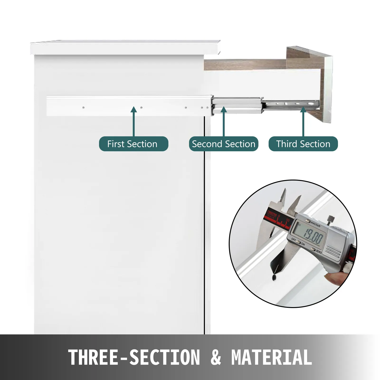 VEVOR heavy duty drawer slides in three sections with measurement tool.