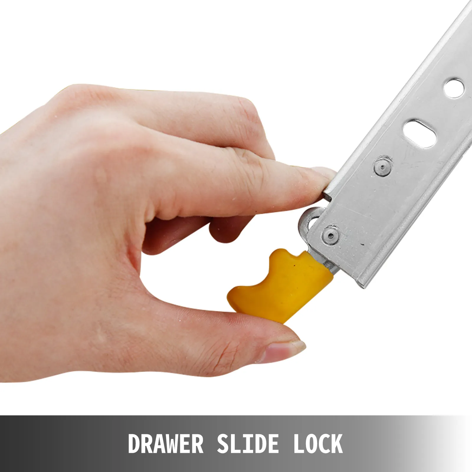 hand operating VEVOR heavy duty drawer slides with yellow lock mechanism.