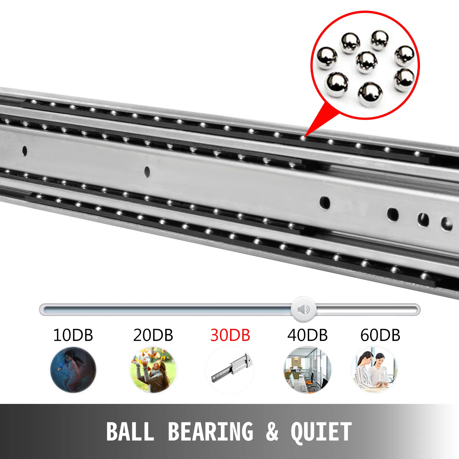 VEVOR heavy duty drawer slides with ball bearings, ensuring quiet operation at 30db.