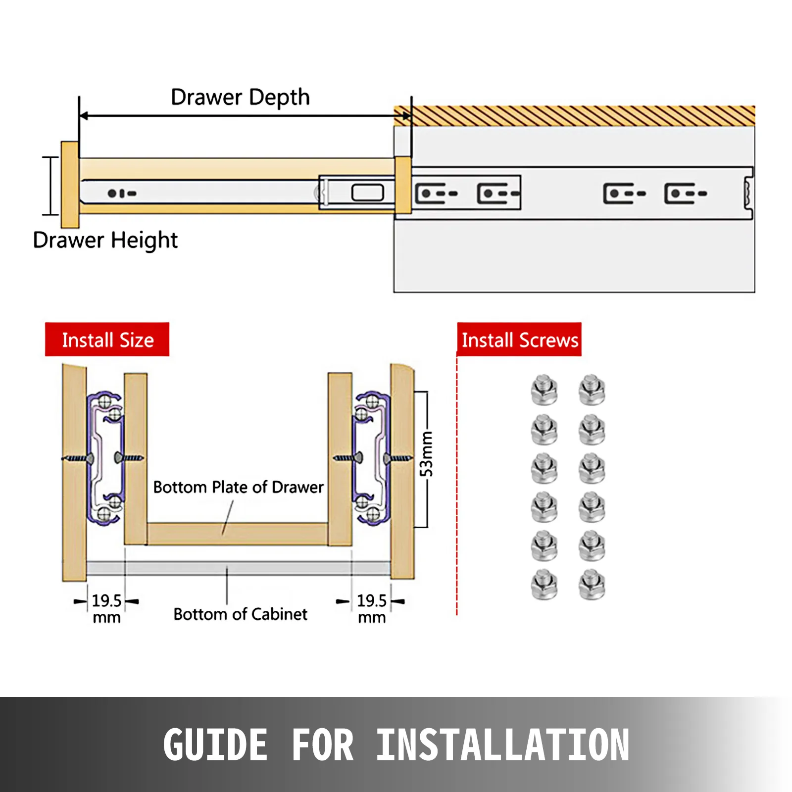 VEVOR heavy duty drawer slides installation guide with measurements and screws shown.